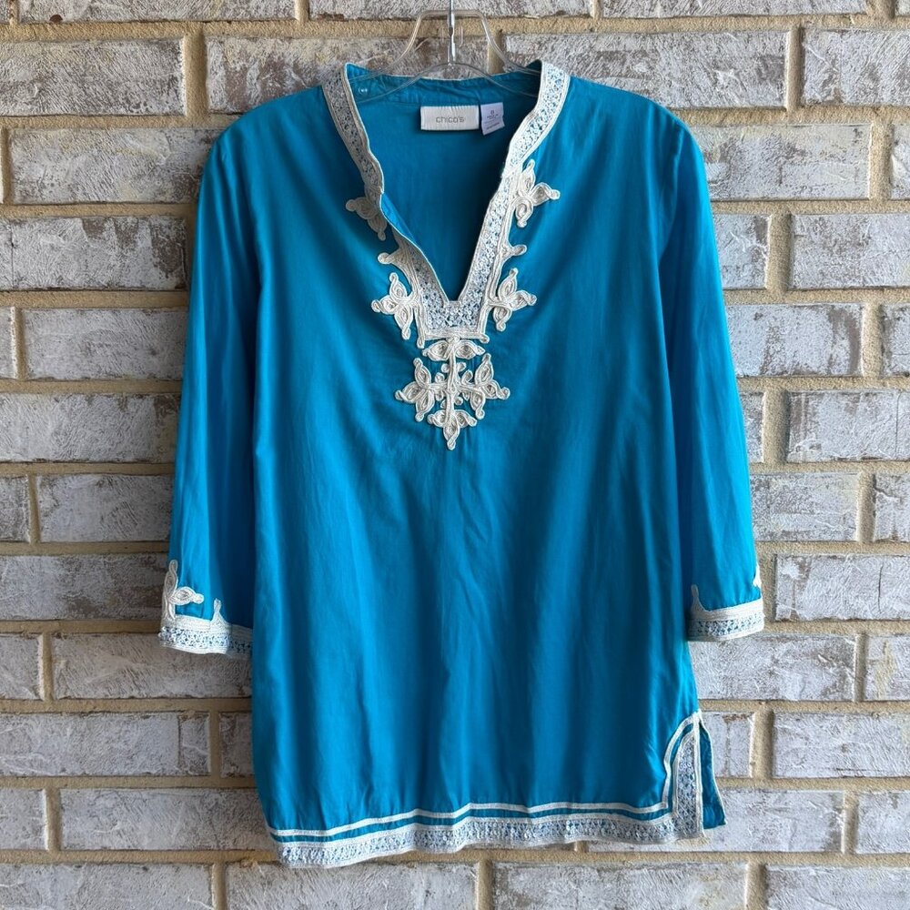 Chico's 3/4 Sleeve V-Neck 100% Cotton Embroidered Trim Tunic Blouse  Size 0 (S).